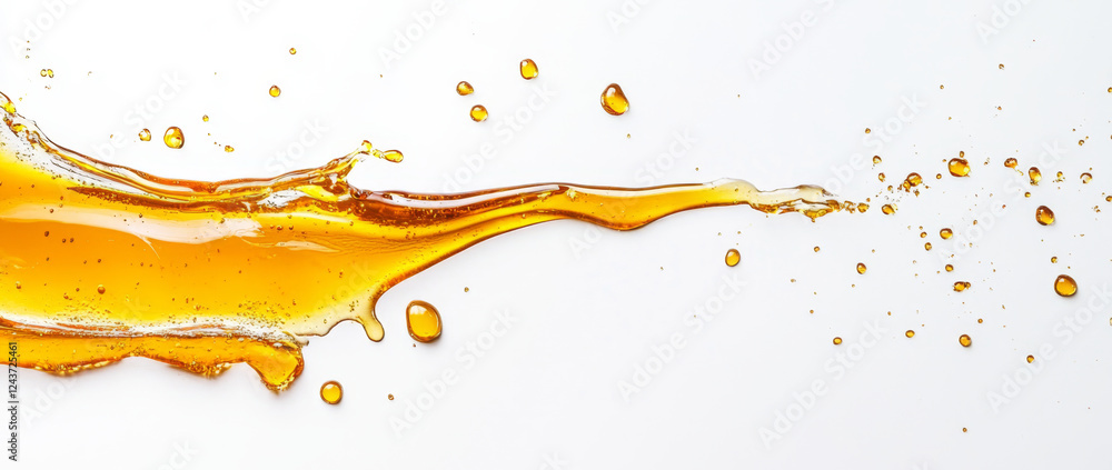 Poster Drizzles of golden honey create intriguing splashes as they move across a white surface. The liquid forms captivating shapes and highlights the natural viscosity and color of honey.