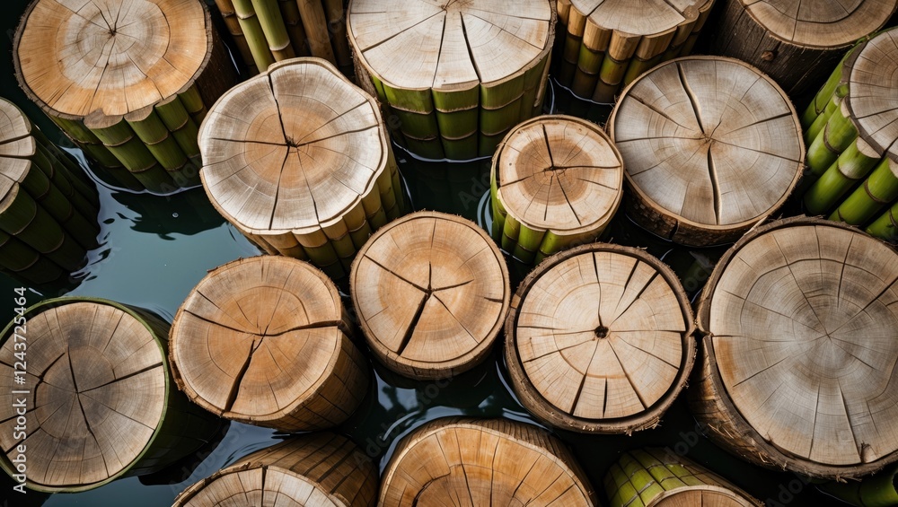 Poster bamboo stumps arranged in a circular pattern partially submerged in water showcasing natural texture