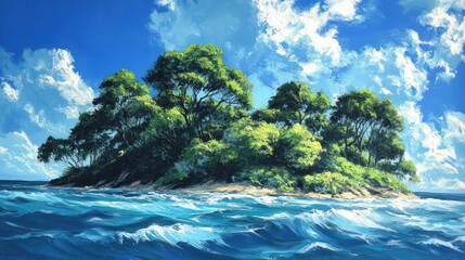 A picturesque island scene with vibrant green trees, a gentle breeze, and the soothing sound of ocean waves