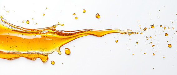 Drizzles of golden honey create intriguing splashes as they move across a white surface. The liquid forms captivating shapes and highlights the natural viscosity and color of honey.