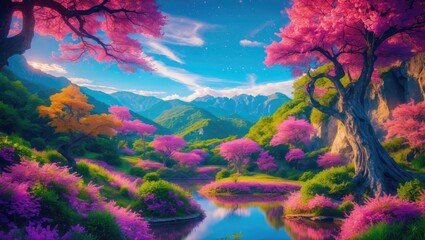 Breathtaking Landscape with Vibrant Pink Trees Reflecting in Serene Lake Under a Starry Sky at Nature Reserve