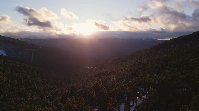 Sunset falling over the snowy mountains of Castilla Leon in Spain