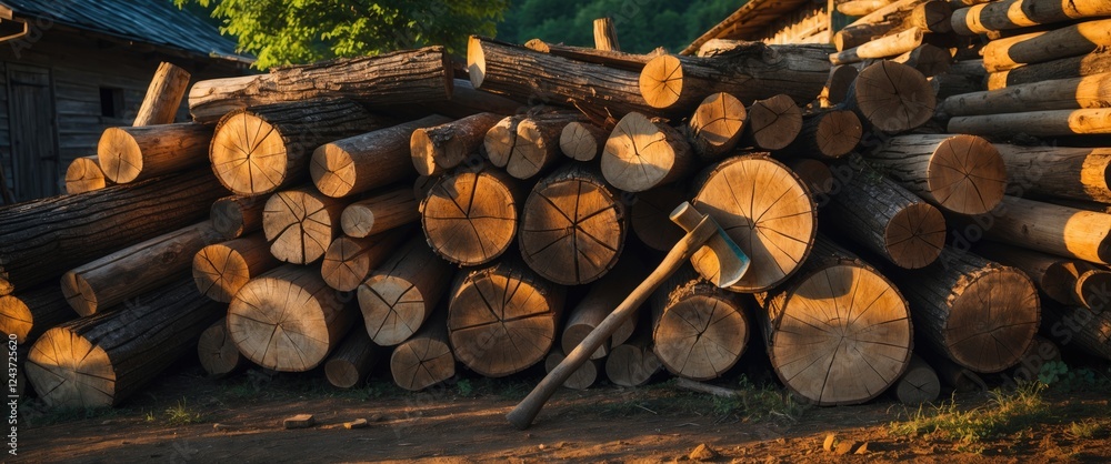 Poster woodpile in a village with stacked logs, an ax, and unique tree stump patterns, creating a rustic at