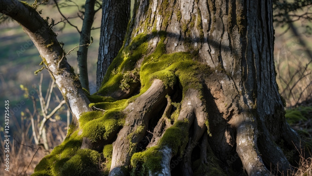 Poster moss-covered tree trunk with prominent roots and branch shadows creating a serene natural scene in a