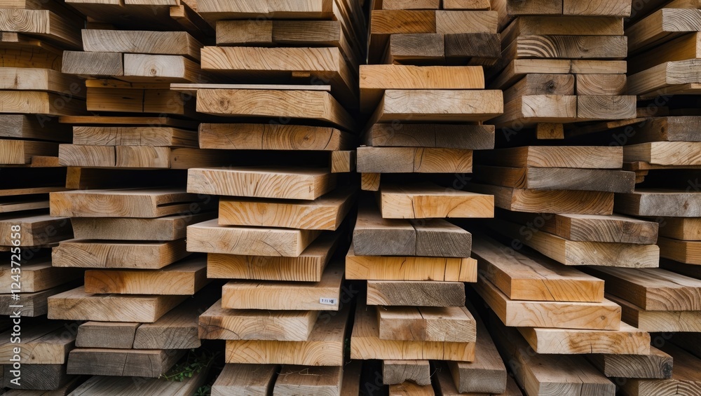Poster stacked wooden planks neatly arranged in a lumber yard showcasing various textures and colors of tim