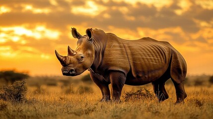 Obraz premium Majestic rhinoceros standing in golden grasslands at sunset, showcasing wildlife in a serene natural habitat