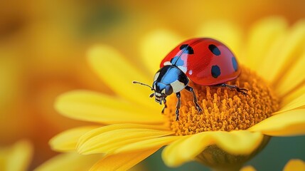 Ladybug on a Yellow Flower in a Garden