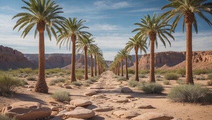 Desert pathway lined with tall palm trees and rocky terrain under a clear blue sky with ample space for text overlay.