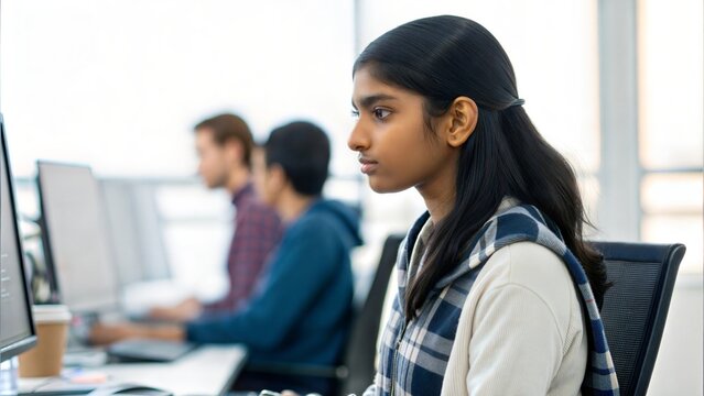 Indian female Student in Computer Programming Contest &ndash; A student participating in a competitive coding event.
