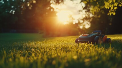 Freshly cut thick grass and lawn mower out of focus, sunny morning, view from below. Freshly cut grass in the backyard, electric lawn mower in the sun.