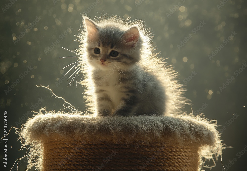 Poster adorable fluffy kitten sitting on a textured surface while sunlight creates a magical atmosphere wit