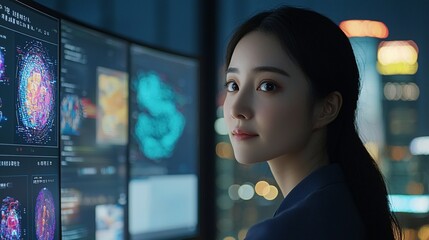 Woman looks over shoulder at data screens.