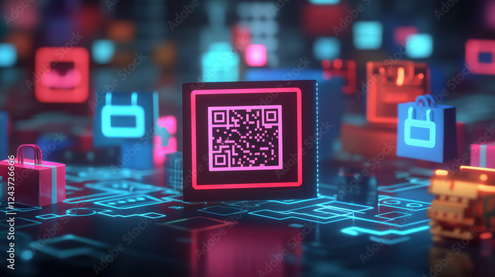 Poster digital qr code surrounded by glowing shopping icons and technology elements