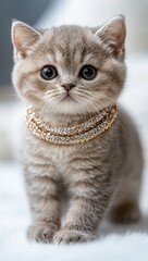 Fototapeta premium Adorable fluffy kitten with sparkling necklace sitting gracefully on a soft surface, showcasing its charming eyes and playful demeanor in a cozy environment.