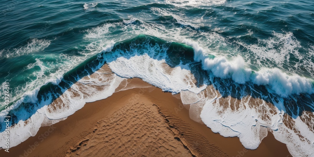 Poster aerial view of waves crashing on sandy beach highlighting contrast between turquoise water and warm 