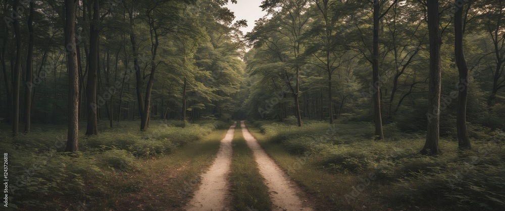 Poster serene forest path leading through lush greenery with ample blank space for text or graphic overlays