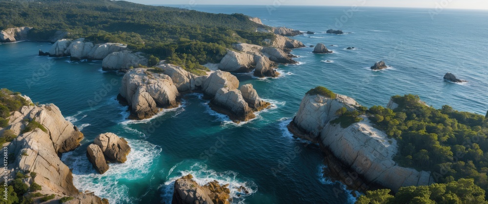 Poster aerial view of coastal rocks and ocean waves surrounded by lush greenery with space for text or bran