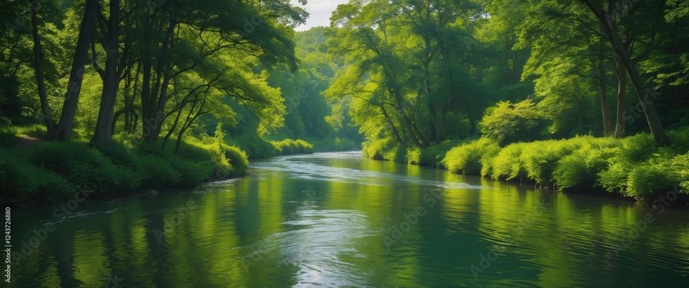Poster serene river winding through lush green forest canopy with sunlight filtering through trees creating