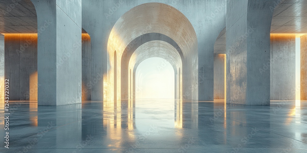 Poster modern empty concrete room with ambient lighting and ocean view concepts