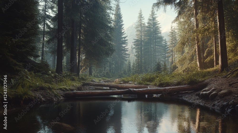 Poster fallen tree trunks creating a natural bridge over a serene forest stream, surrounded by lush greener