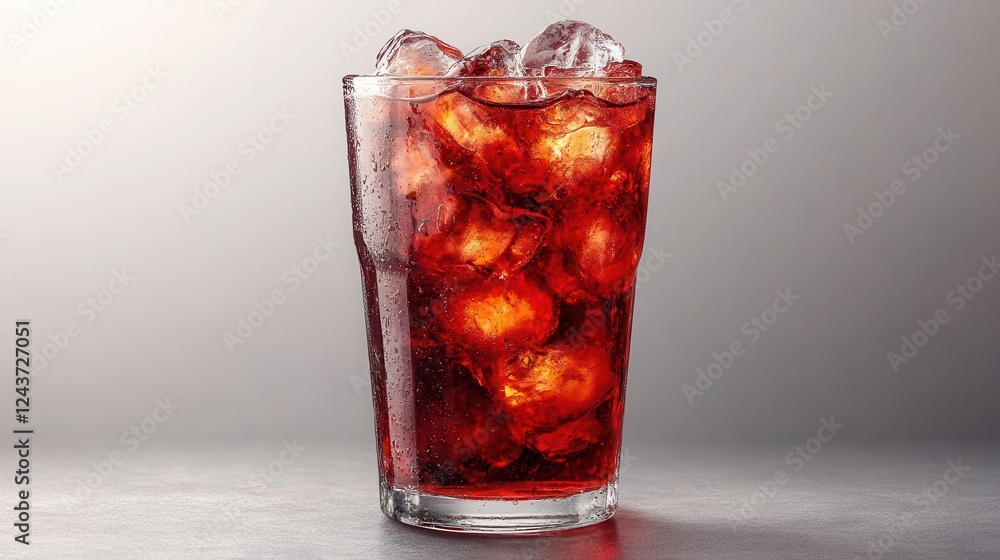 Poster glass of red soda soft drink with ice cubes isolated on transparent background
