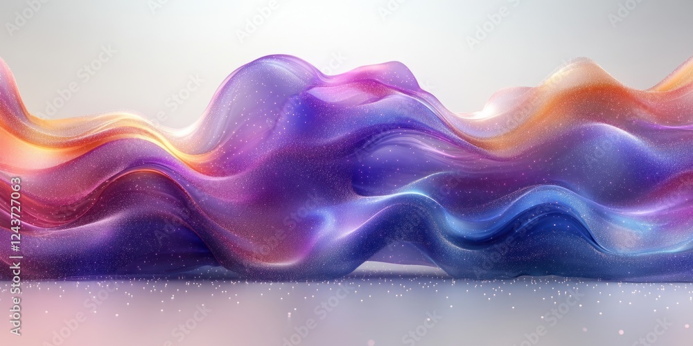 Poster abstract wavy pattern of flowing dots in blue and purple gradient on white background