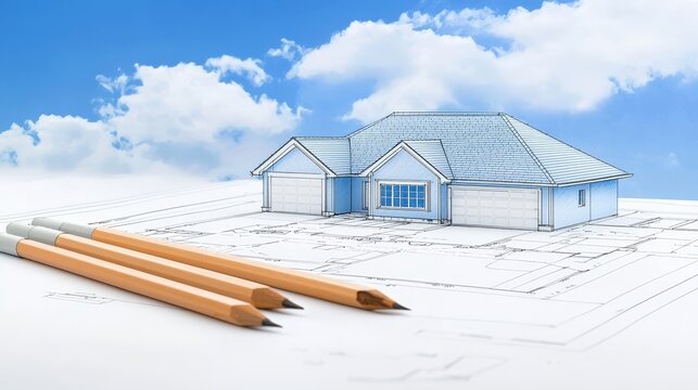 Architectural blueprint of a residential house, detailed construction plan sketch with pencil