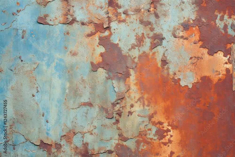 Poster vibrant textured surface with bright rich colors and distressed patterns of old paint and rust on we