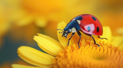 Fototapeta premium Ladybug On Yellow Flower In Summer Garden