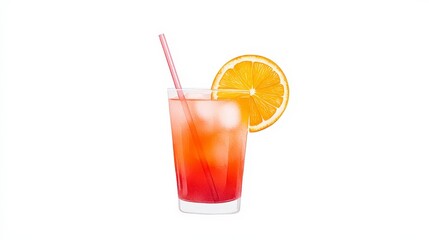 Refreshing Orange and Red Beverage with Ice and Straw on White Background