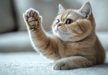 Adorable fluffy light brown cat with raised paw looking cute while lying on the floor, showcasing its playful and curious expression in a cozy setting