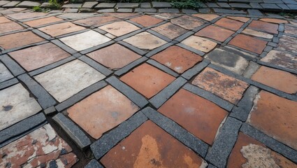 Textured tiled pavement with irregular patterns and earthy tones depicting urban or rustic design elements.