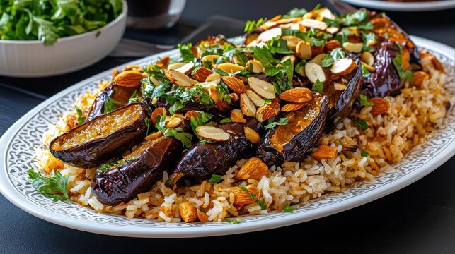 A large platter of maqluba (upside-down rice dish) with eggplants and almonds