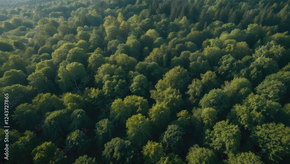 Poster aerial view of lush green forest canopy with vast empty space for custom text or branding