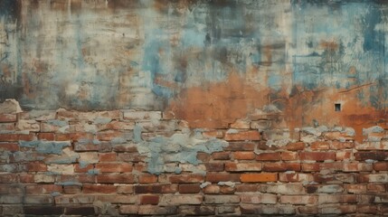 A weathered brick wall with peeling paint and visible texture, showcasing the passage of time and history