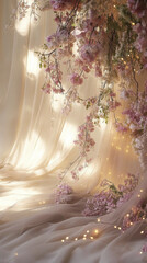 Naklejka premium Whimsical floral backdrop with soft drapes and fairy lights creating dreamy atmosphere