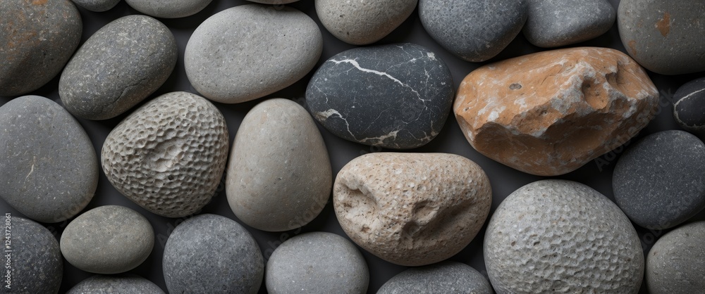 Poster smooth textured stones in various shades and shapes arranged neatly on a flat surface for natural ba