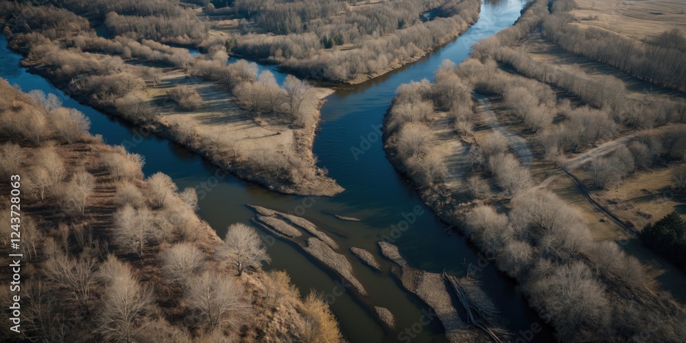 Poster aerial view of serene river meandering through bare trees in tranquil landscape with space for text 