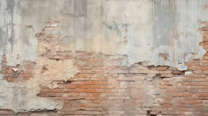 Obraz premium A weathered brick wall with peeling paint and visible texture, showcasing the passage of time and history