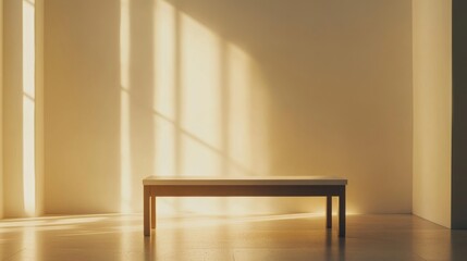 Empty Room with Wooden Bench, Golden Sunlight and Shadows. Minimalist Interior Design