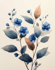 Watercolor Illustration of Green Leaves and Tiny Blue Flowers Delicate Botanical Arrangement