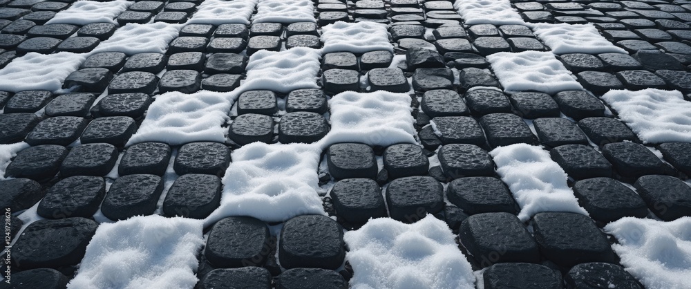 Poster checkered pattern of snow on dark cobblestones showcasing an abstract winter texture with contrastin