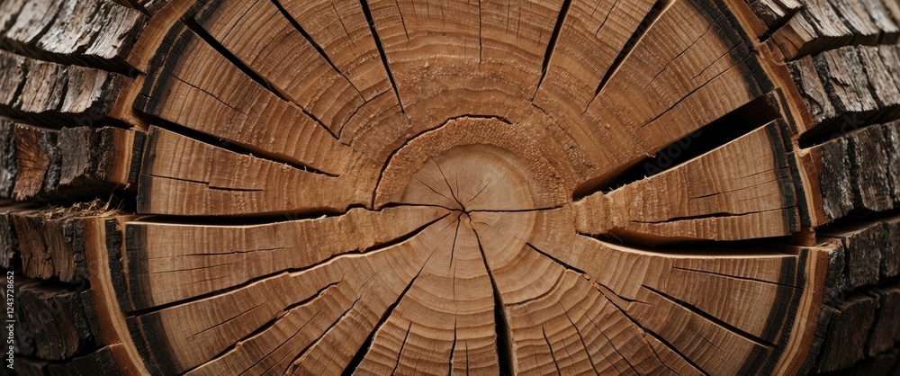 Poster close-up of a tree trunk cross-section highlighting intricate grooves and natural textures in the wo