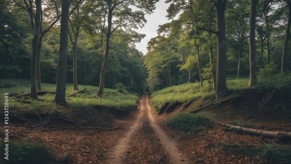 Poster serene forest pathway with dappled sunlight and an inviting gap between trees ideal for text overlay