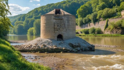 Ancient Lime Kiln Surrounded By Scenic River Landscape Under Bright Summer Sky