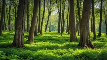 Naklejka premium Lush Green Forest with Tall Tree Trunks Illuminated by Sunlight on a Clear Day