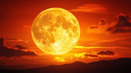 Fiery Moon at Sunset over Mountains - Stunning Celestial View
