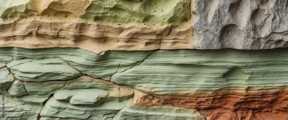 Poster close-up of textured sandstone displaying a spectrum from pale green to rust with distinct grain and