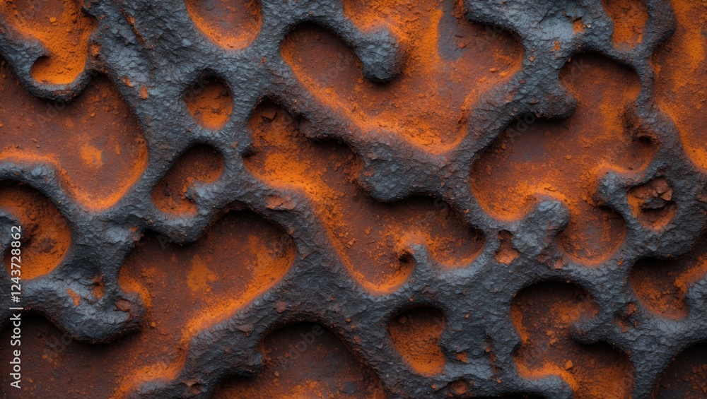 Poster rusty metal surface texture with vivid orange and dark gray patterns suitable for backgrounds and de