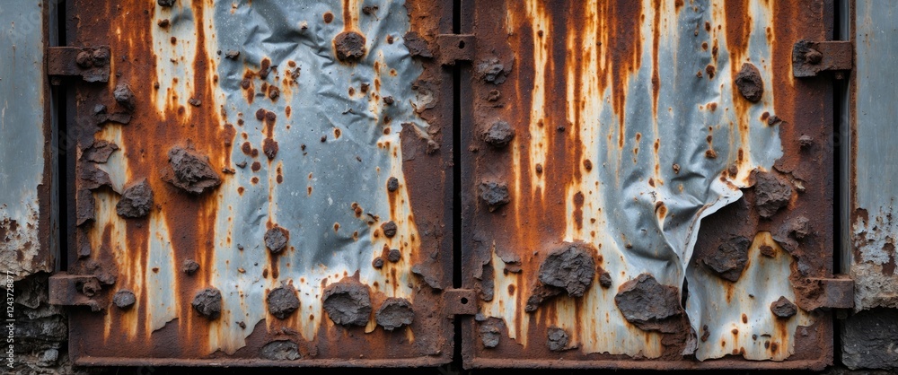 Poster weathered metal panel displaying extensive rust and corrosion textures, showcasing decay and the eff